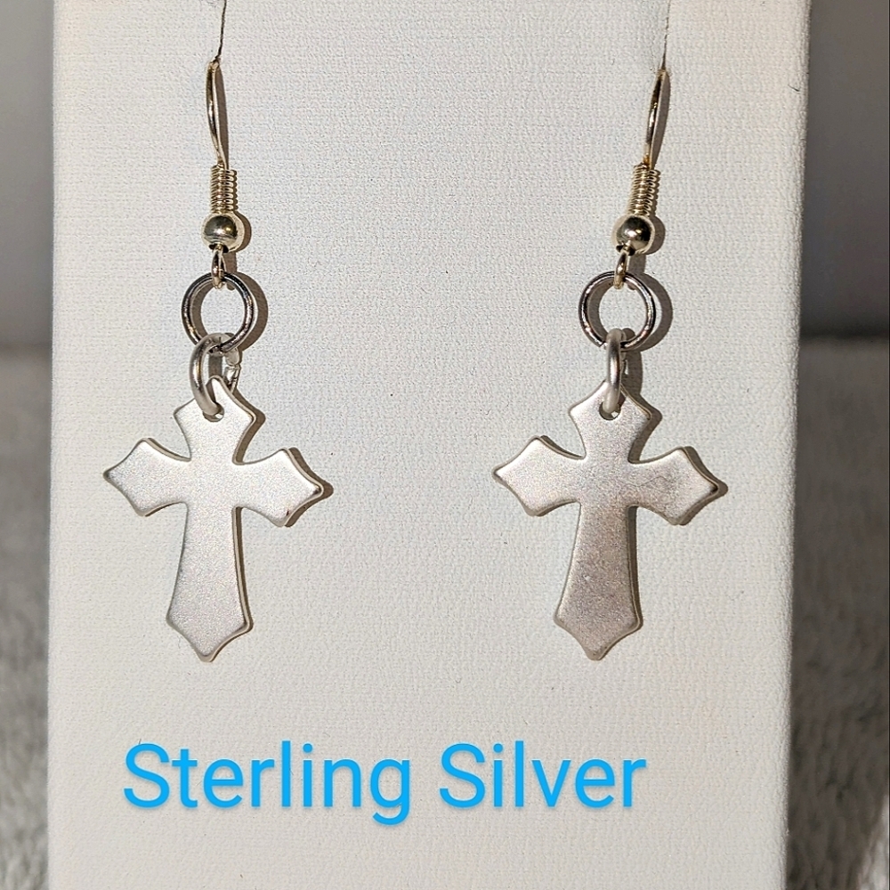 Sterling Silver Cross Earrings .925 Hooks Hypoallergenic NEW Handmade Edgy Cross